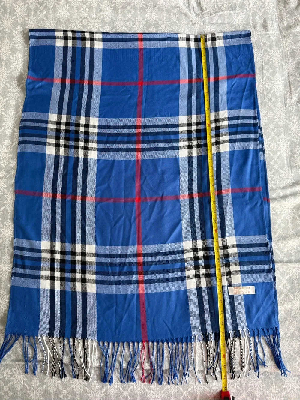 PASHMINA Silk Scarf Blue Black Red Plaid Tartan Fringe Winter Cozy Classic